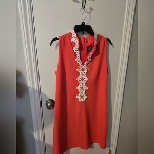 Vince Camuto Vibrant Coral Mini Dress with White Accents